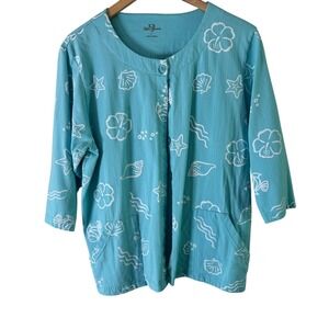 Palm Grove Button Down Top Beach Seashells Print 3/4 Sleeve‎ Aqua Blue L